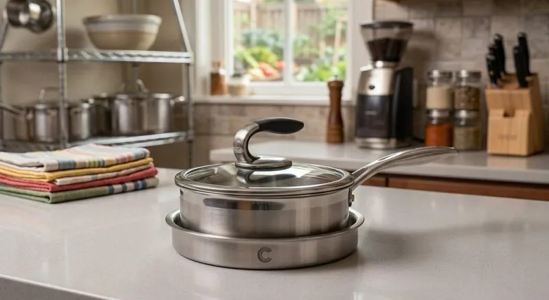 C-Type glass lid with stainless steel rim on a saucepan