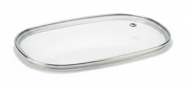Irregular shaped tempered glass lid with stainless steel rim